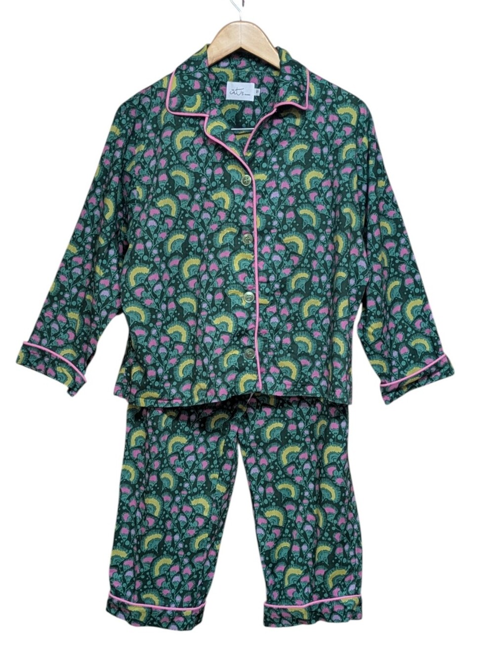 The Cat's Pajamas Green Floral Print 100% Cotton Pajama Set Size Small - Picture 12 of 12